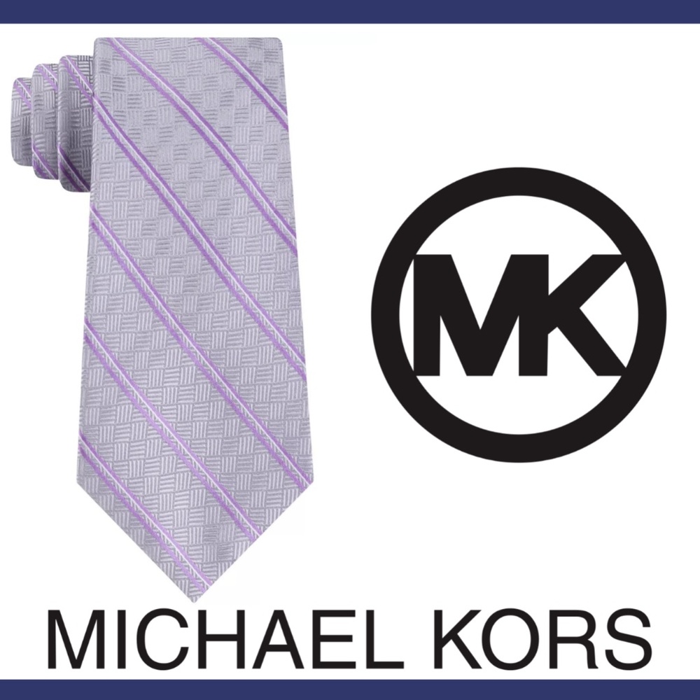 NWT $70 Michael Kors [ Men's Tie ]‎ Cross-Hatch and Stripe in Grey/ Purple